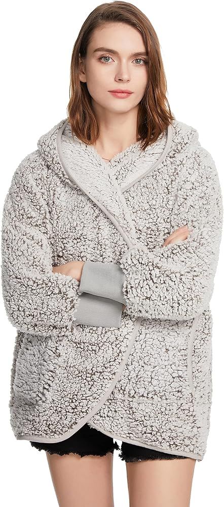 Women Loose Open Front Fuzzy Hoodies Cardigan Long Sleeve Faux Fur Winter Cardigan Coat With Pock... | Amazon (US)