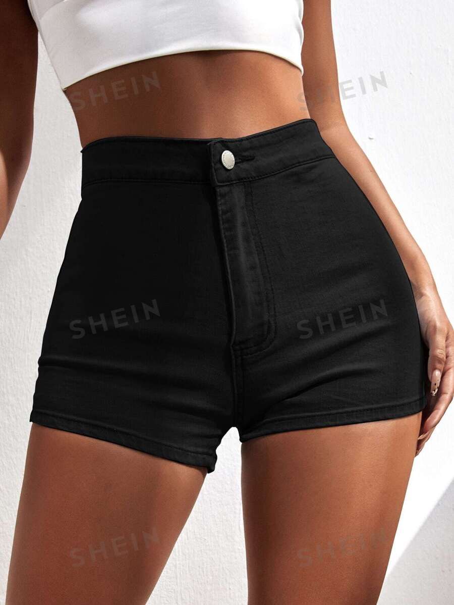 SHEIN EZwear Summer Outfits High Waist Skinny Denim Shorts | SHEIN