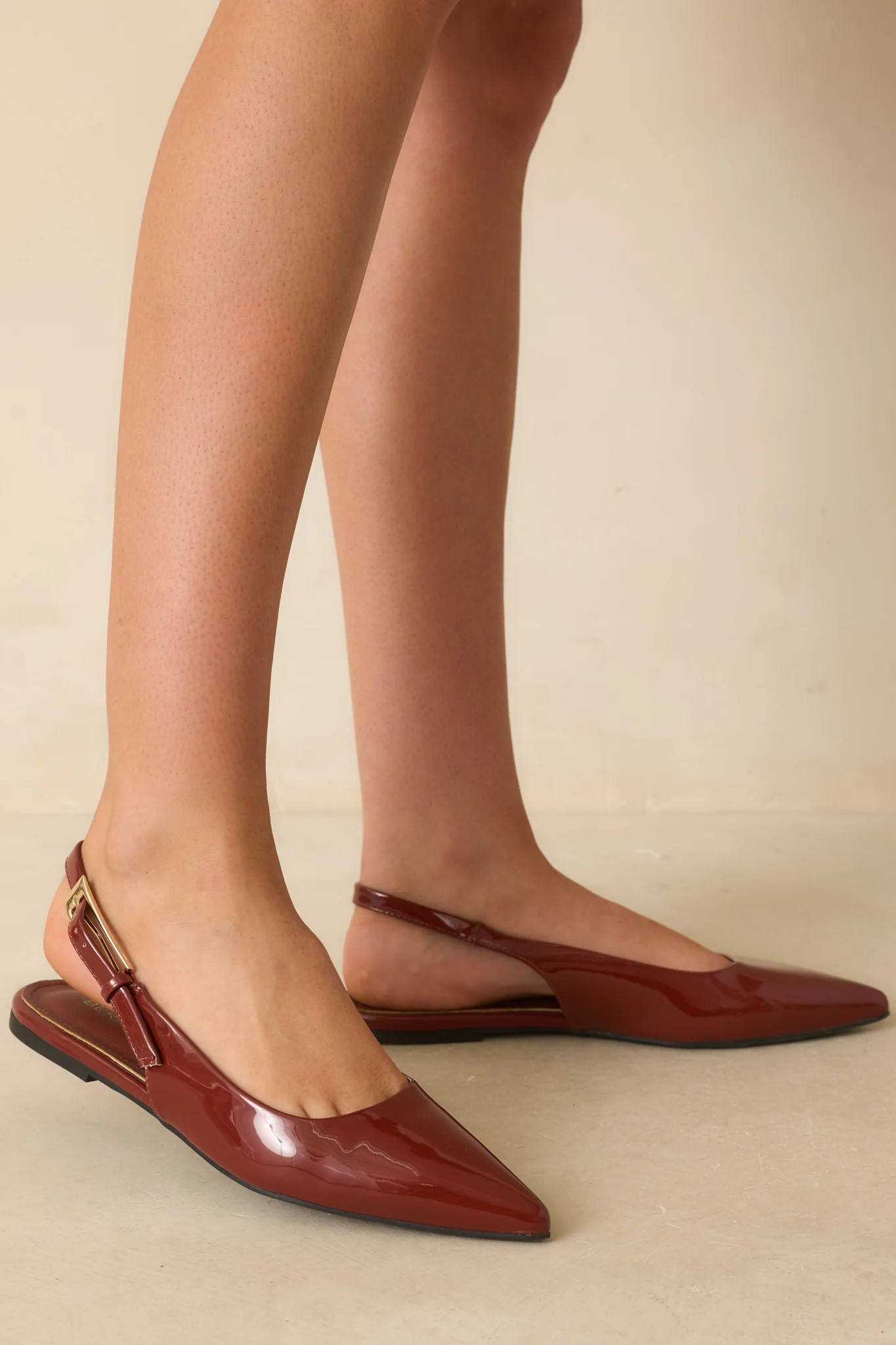Take Notes Copper Brown Patent Faux Leather Pointed Toe Slingback Flats | Red Dress