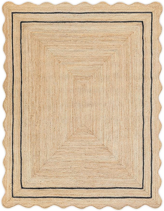 Wave Scalloped Natural Jute Runner, Black (2'x3'): Boho Farmhouse Entryway Scallop Rug | Amazon (US)