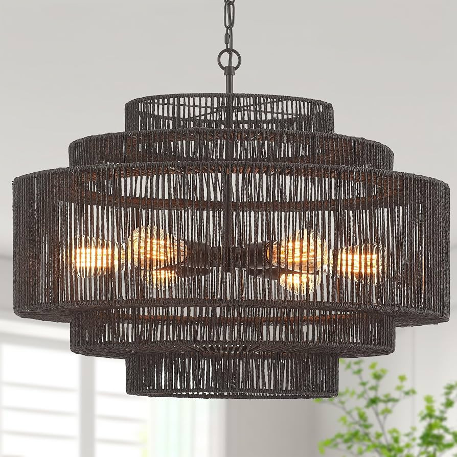 25.68" Large Rattan Chandelier, 6-Light Drum Wicker Light Fixture | Amazon (US)