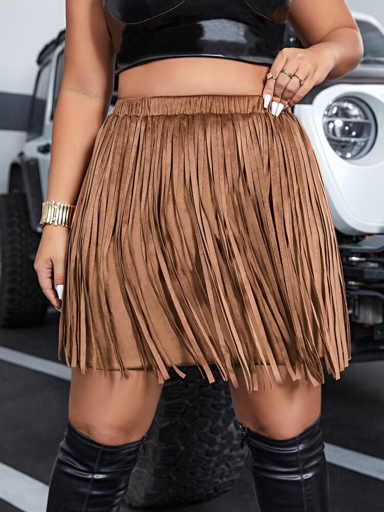 Plus Fringe Trim Suedette Skirt | SHEIN