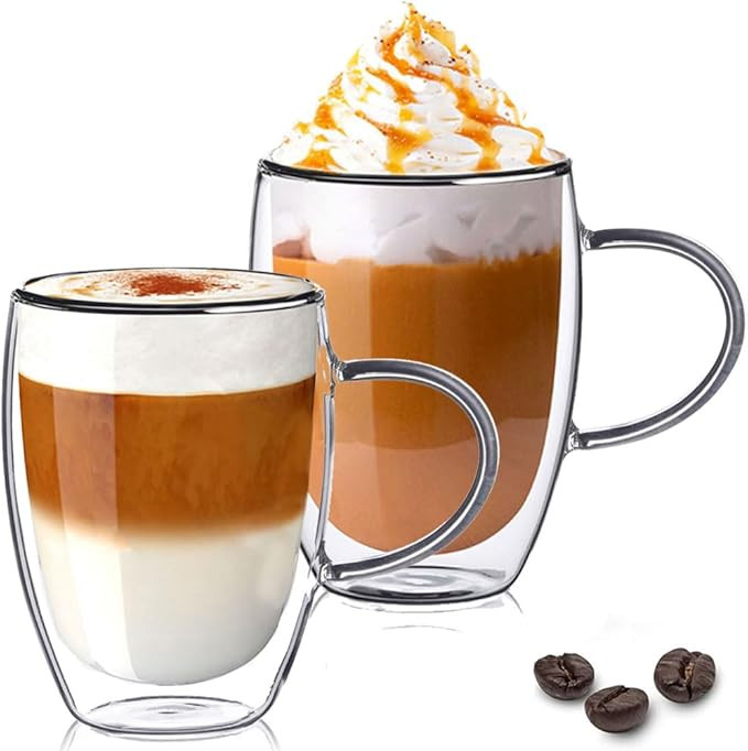 TKNO Double Walled Glass Coffee Mug Cups with Handle, Set of 2 Hollow Vacuum Sealed Cappuccino La... | Amazon (UK)