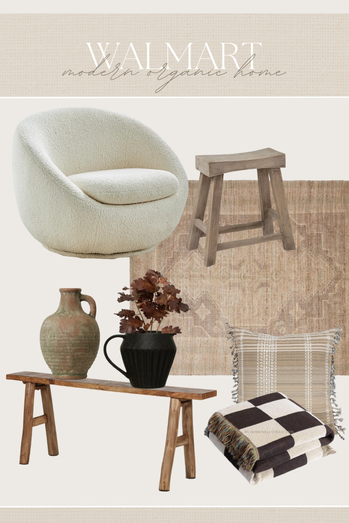 Walmart modern organic home finds #walmart #walmarthome #walmartfinds #arearug #bench #bouclechair #vase #homedecor #checkeredthrow #throwpillow #neutraldecor #moodydecor 

#LTKhome #LTKfindsunder100 #LTKfindsunder50