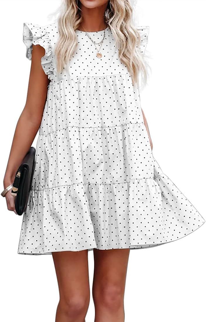 FSHAOES Women Casual Babydoll Mini Dress Ruffle Sleeve Polka Dot A-line Tiered Tunic Dress | Amazon (US)