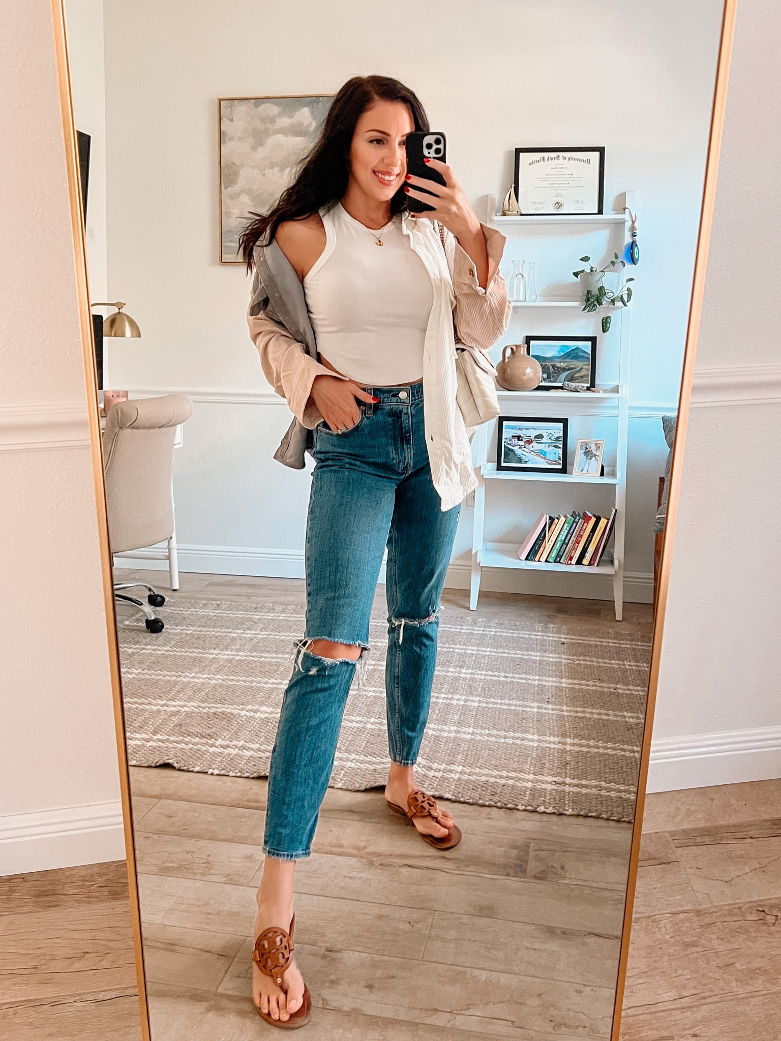 Casual outfit featuring shacket from Amazon, crop top, jeans, YSL designer bag and Tory Burch Miller sandals 