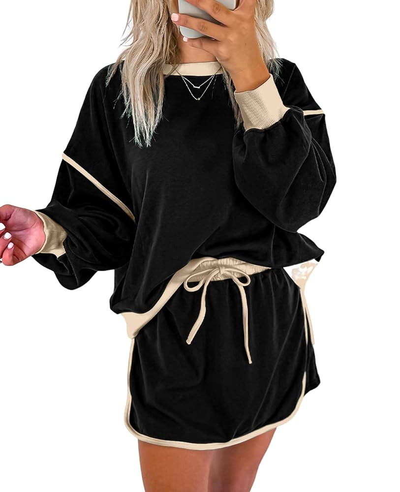 SELINK Lounge Sets for Women 2 Piece Skirt Colorblock Drop Shoulder T Shirt and Skort Set Summer ... | Amazon (US)