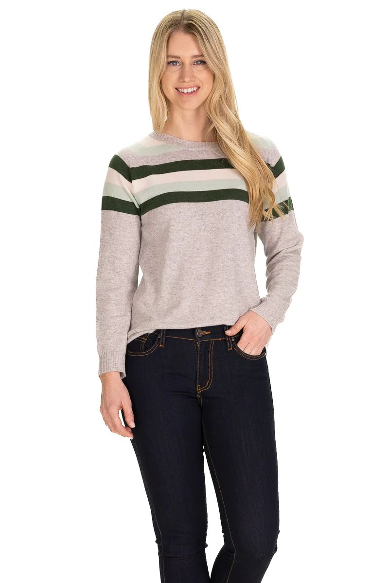 Aspen Cashmere Crewneck in Foggy with Green | Duffield Lane