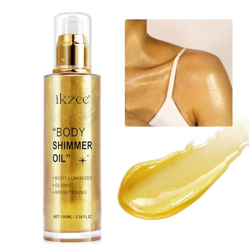 Body Shimmer Oil 100ml, Moisturizing Long Lasting Body Luminizer Face Brightener, Waterproof Liquid Illuminator, Shimmer Glow Highlighter Summer Glowing Tan Makeup (#02 Gold) | Amazon (US)