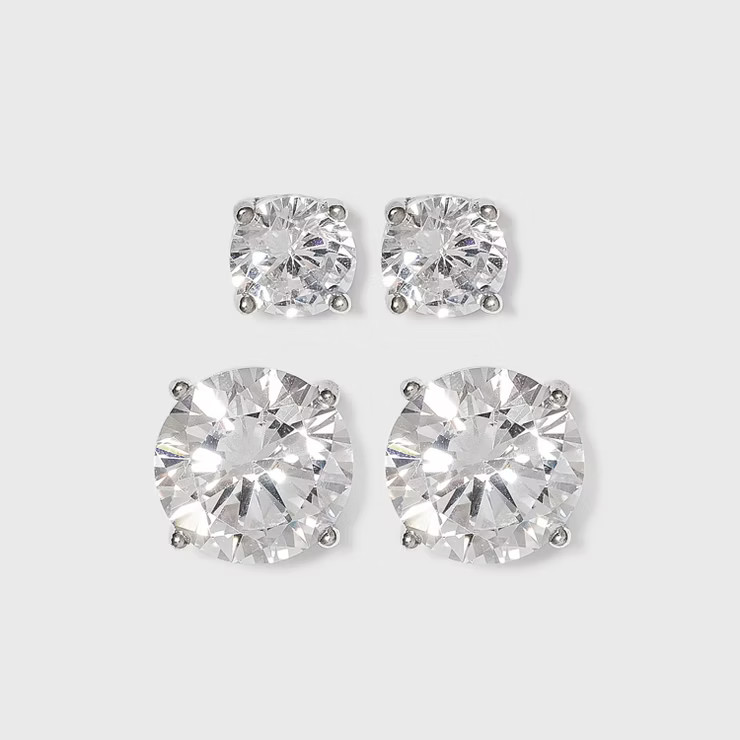 Women's Sterling Silver Stud Earrings Set of 2 Round 5MM/8MM Cubic Zirconia 2pc- A New Day... | Target