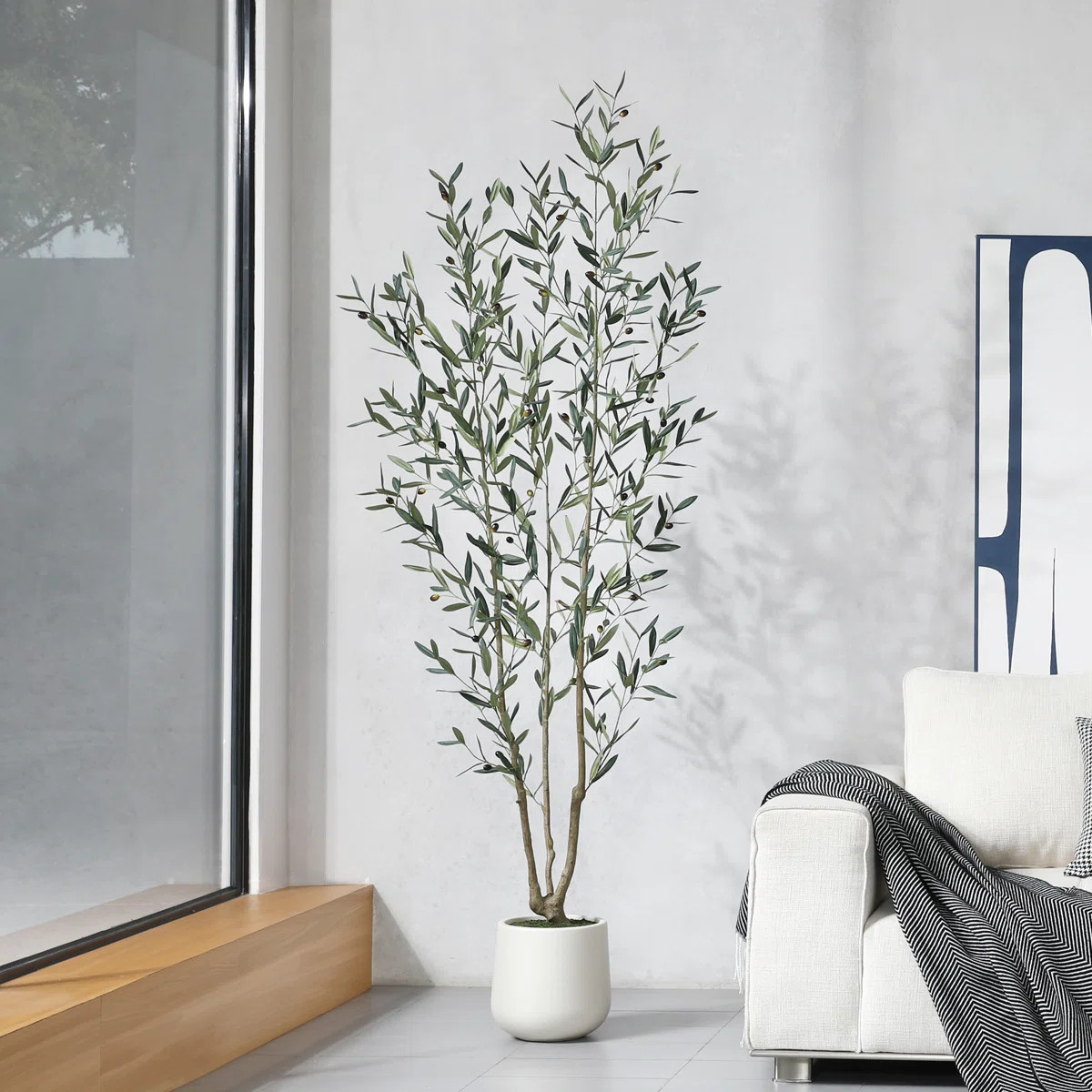 Adcock 84" Faux Olive Tree with Round White Planter, Pre Potted Fake Greenry Olive Plant for Home... | Wayfair North America