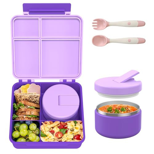 Bento Lunch Box with 8oz Soup Thermo, Leak-Proof Lunch Containers with 4 Compartment, Thermo Hot Food Jar and Insulated Lunch Box for School Purple | Amazon (US)