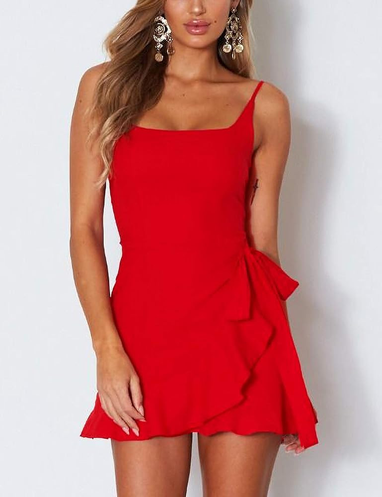 Relipop Women's Dress Spaghetti Strap Waist Tie Knot Wrap Front Ruffle Hem Short Dress | Amazon (US)