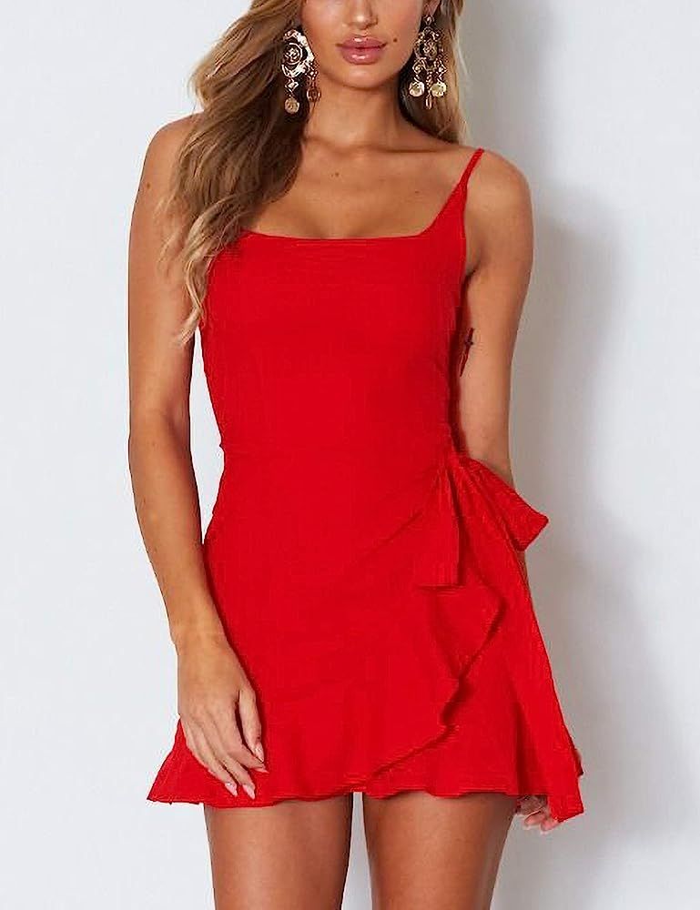 Relipop Women's Dress Spaghetti Strap Waist Tie Knot Wrap Front Ruffle Hem Short Dress | Amazon (US)