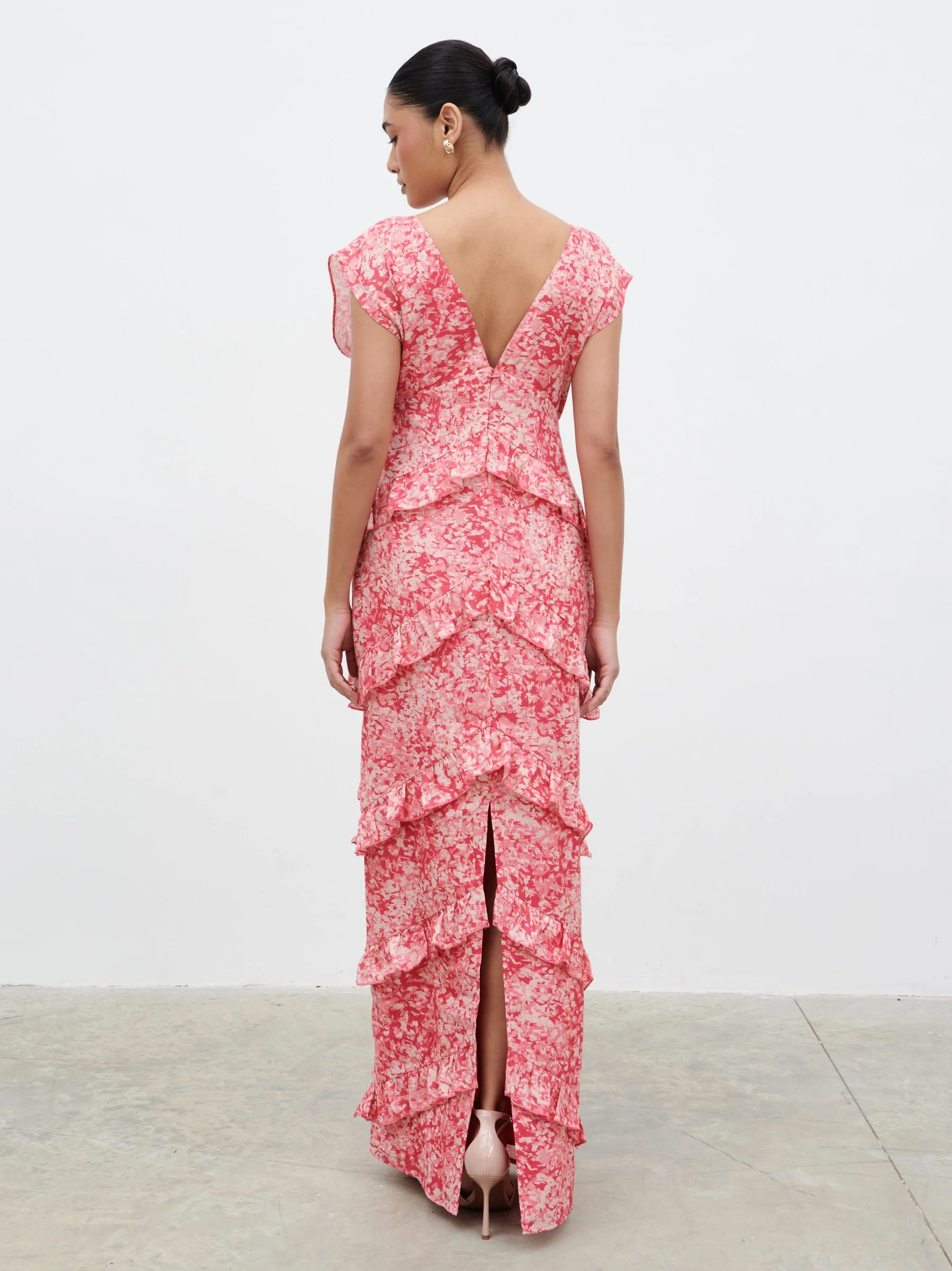 Tamsin Ruffle Maxi Dress - Pink Multi Abstract Print | Pretty Lavish (UK)