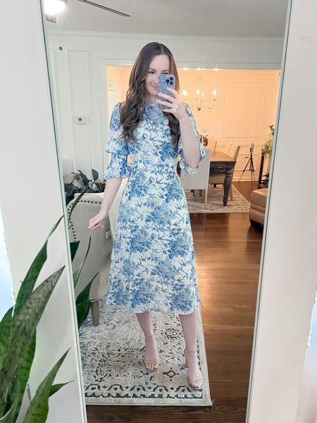 Blue and white floral summer church work dress 
Wearing a small, no stretch. I took it in a bit and sewed the slit shut 

#LTKSeasonal #LTKunder100 #LTKworkwear