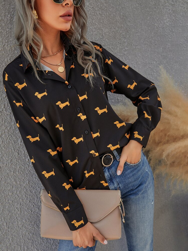 Dog Print Button Front Blouse | SHEIN