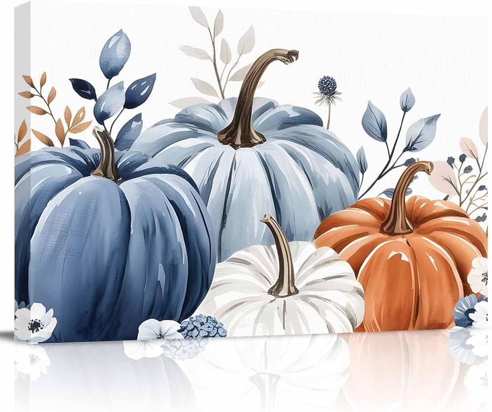 Fall Canvas Wall Art - Thanksgiving Blue Leaves Pumpkin White Background - Modern Wall Decor Gall... | Amazon (US)