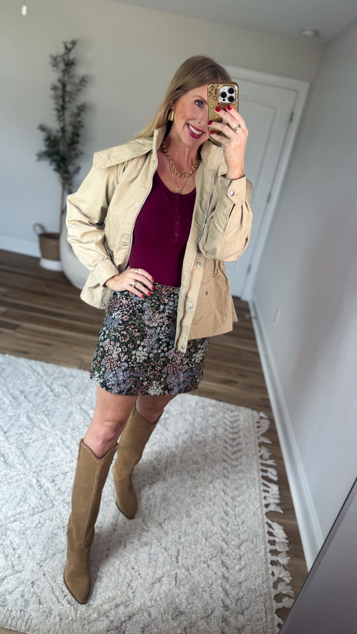 Weekend Walmart Wins try-on
Cinched waist trench jacket- small
Maroon Henley bodysuit- medium 
Floral jacquard mini skirt- 6

#LTKootd