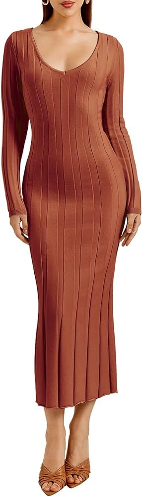 VKIHOC Women Long Sleeve Wrap Sweater Dress V Neck Ribbed Knit Bodycon Maxi Dresses for 2023 Fall | Amazon (US)