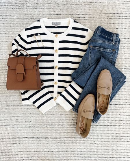 Winter outfit with striped button cardigan paired with jeans and loafers for a classic look. Perfect for casual workday outfit, every day outfit or teacher outfits 

#LTKstyletip #LTKSeasonal