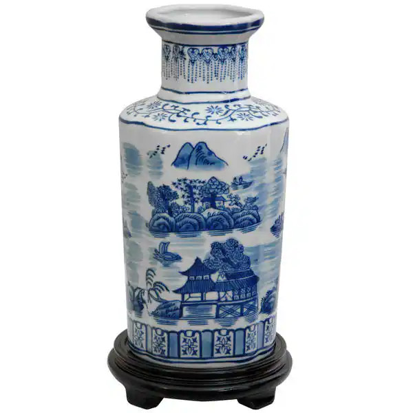 Handmade 12" Porcelain Blue and White Landscape Vase | Bed Bath & Beyond