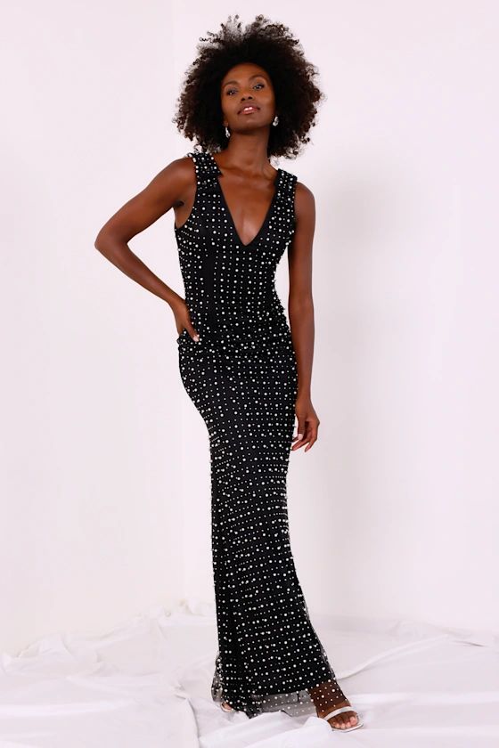 Constant Sophistication Black Mesh Pearl Rhinestone Maxi Dress | Lulus