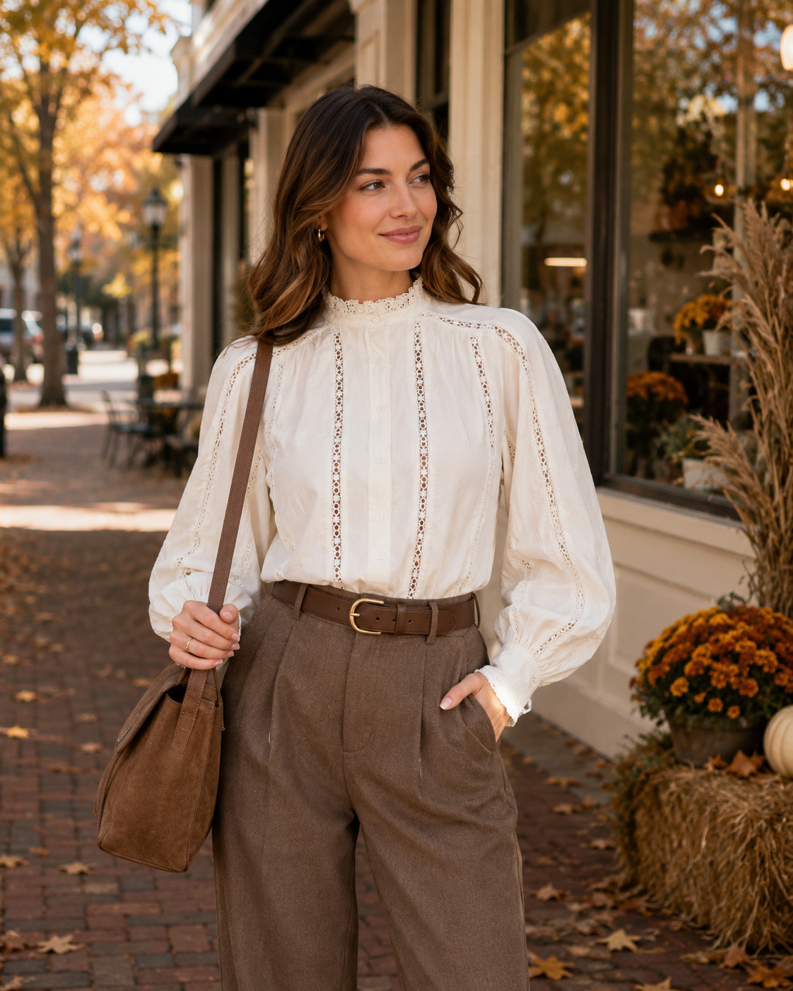I love a white blouse for fall because it goes with literally everything, and this one has the prettiest little lace details. It looks so polished tucked into brown trousers with a belt and loafers or ankle boots. This would be such a cute fall work outfit, brunch look, or church outfit when you want something classic but still feminine. #FallWorkwear #WhiteBlouse #FallFashion #ClassicStyle #FallOutfitIdeas #WorkOutfitInspo #LTKFashion 

 #LTKootd #LTKSeasonal #LTKU