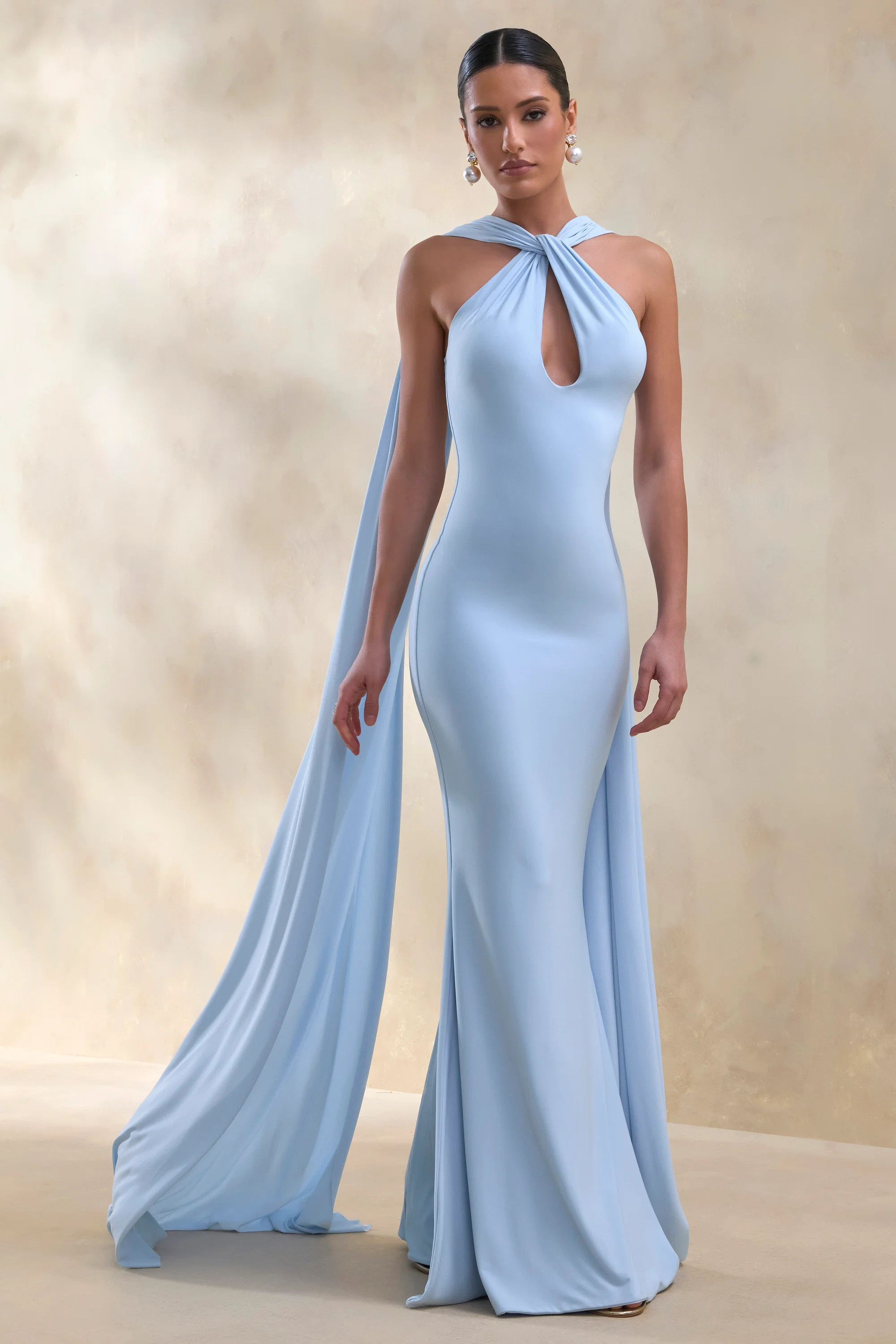 Rhoda | Powder Blue Twist Halter-Neck Cape Maxi Dress | Club L London