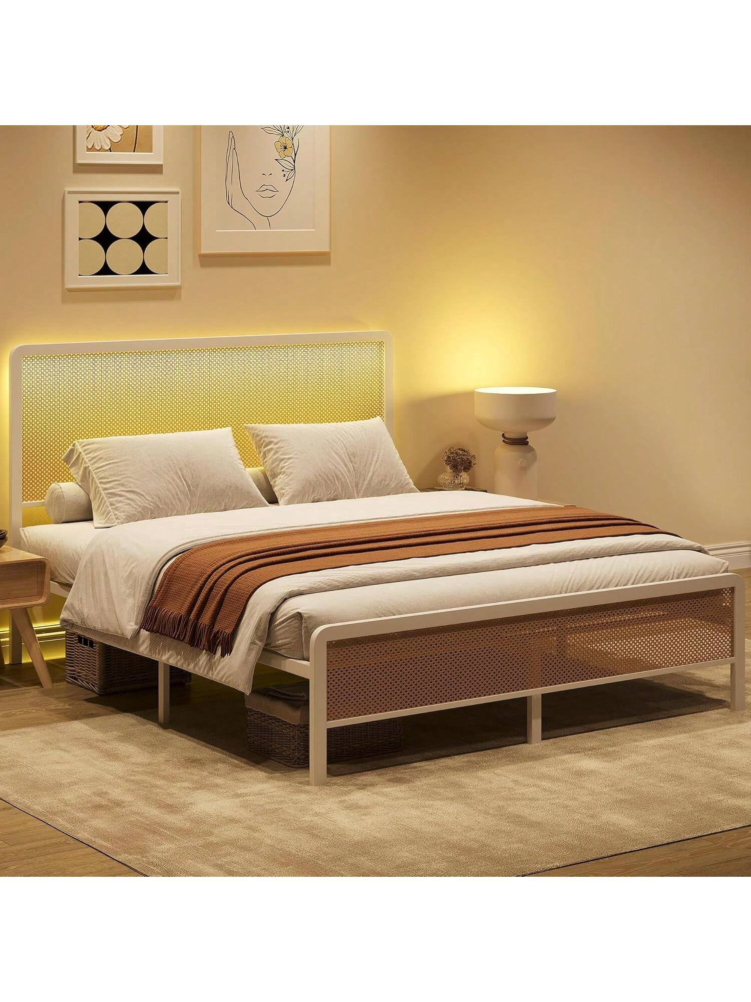 Jojoka - Modern Upholstered Platform Bed Frame with LED & Adjustable Headboard, Rattan Boho Style, Steel Slats, Queen - White | Best Buy U.S.
