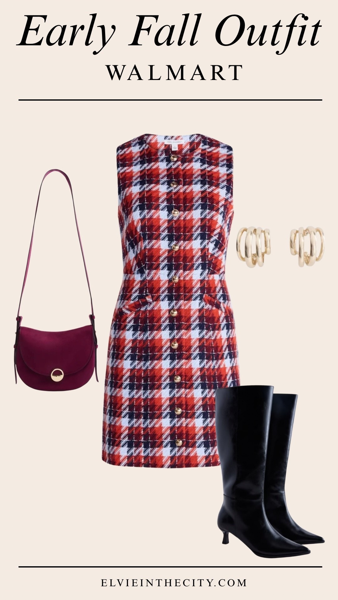 This early fall outfit from Walmart includes a sleeveless tweed mini dress, black kitten heel tall boots, a wine crossbody handbag, and gold-toned hoop earrings. 


Walmart finds, fall finds, over 50 style, midlife fashion, petite fashion,midlife women, affordable fashion, fashion over40

#LTKOver40 #LTKPetite #LTKmomlife