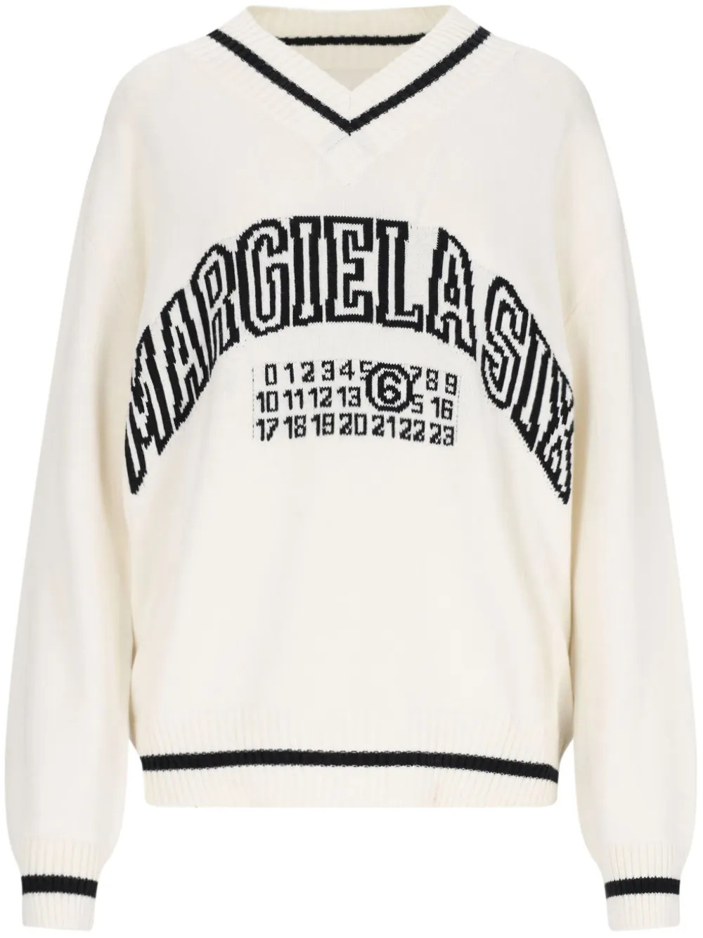MM6 Maison Margiela logo-knit v-neck Jumper | White | FARFETCH | Farfetch Global