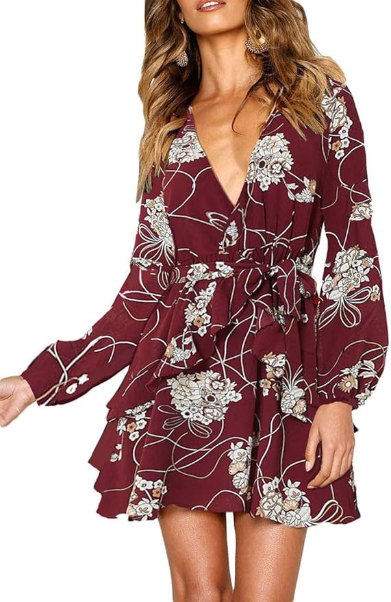 UGUEST Women Long Sleeve V Neck Dress, Floral Mini Cocktail Party Wedding Guest Dress with Belt | Amazon (US)
