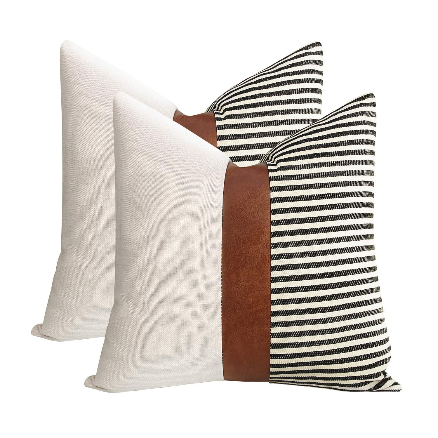 cygnus Set of 2 Farmhouse Decor Stripe Patchwork Linen Throw Pillow Covers,Modern Tan Faux Leather A | Amazon (US)