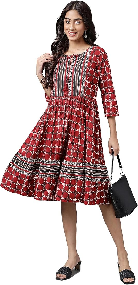Janasya Women's Maroon Cotton Ethnic Motifs Printed Flared Dress | Amazon (US)