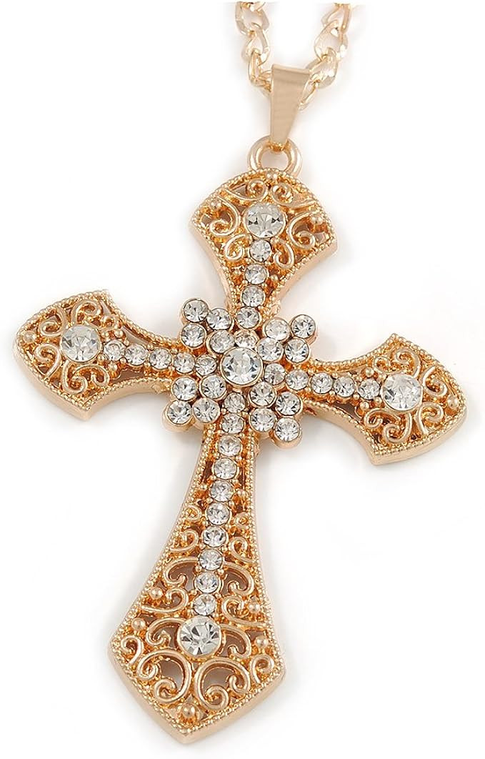 Avalaya Large Crystal Filigree Cross Pendant with Chunky Long Chain In Gold Tone - 66cm L | Amazon (UK)