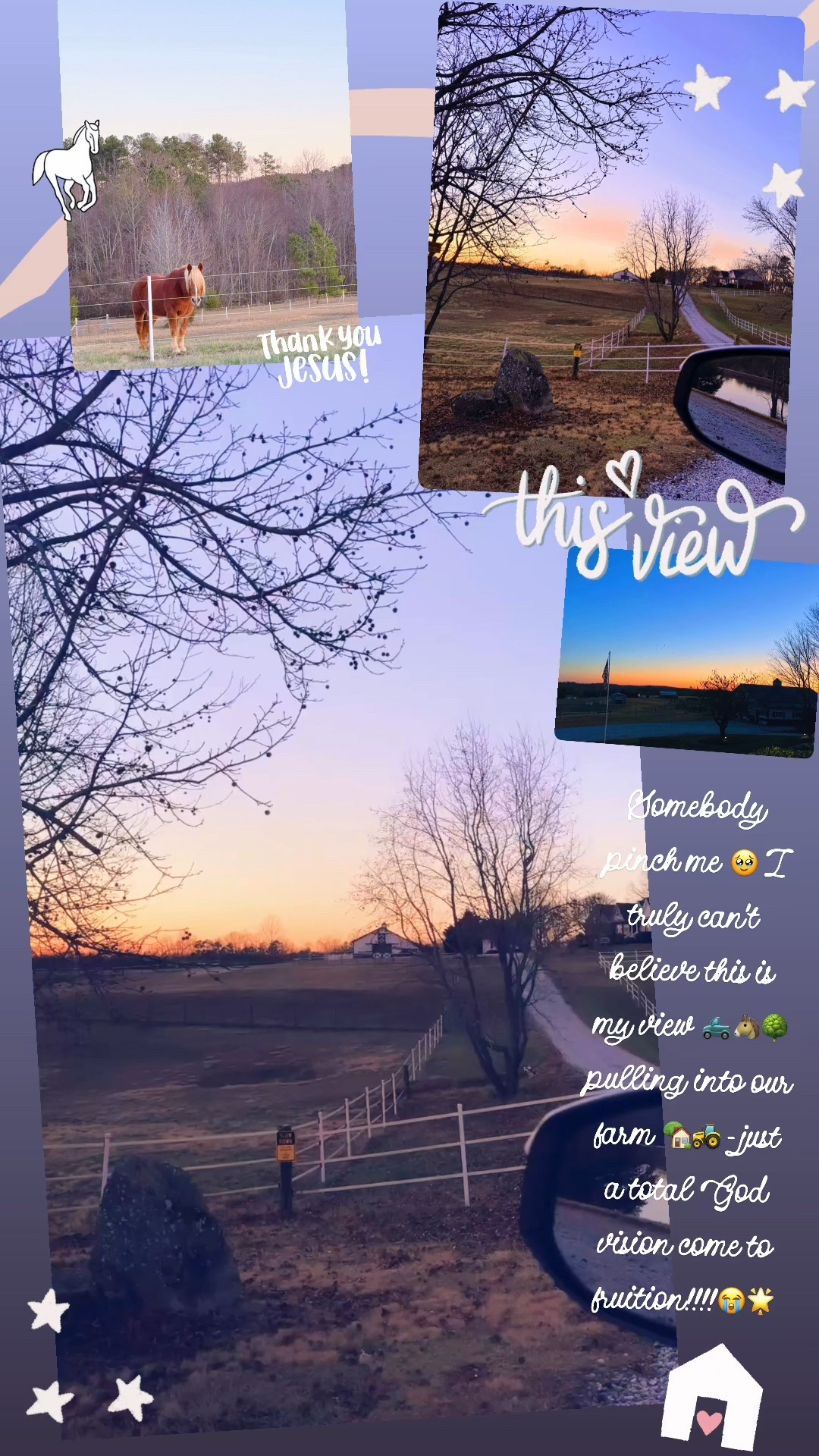 Somebody pinch me 🥹 I truly can’t believe this is my view 🛻🐴🌳 pulling into our farm 🏡🚜 - just a total God vision come to fruition!!!!😭🌟