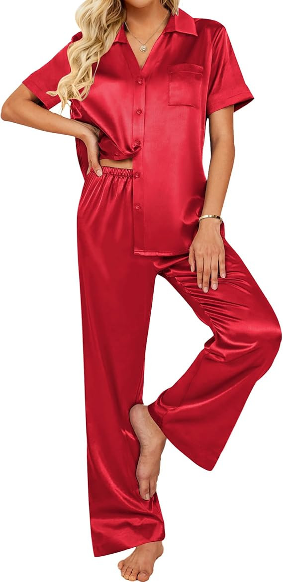 Ekouaer Womens Silk Satin Pajama Sets 2 Piece Pjs Button Down Sleepwear Wide Leg Long Pants Loung... | Amazon (US)