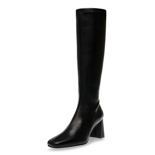 DOEYG Black Knee High Boots for Women Leather Tall Black Boots Block Chunky Heeled Tall Boots Square Toe Long Boots Go-Go Boot Side Zipper | Amazon (US)