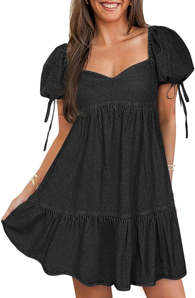 POTILI Denim Dress for Women Puff Short Sleeve Jean Dresses Sweetheart Neck Denim Mini Dress | Amazon (US)