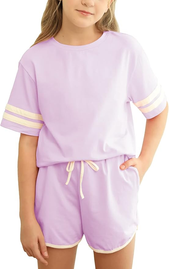 simtuor Girls Shorts Set Short Sleeve Striped Tops and Shorts with Pockets 2 Pcs Outfits Summer S... | Amazon (US)