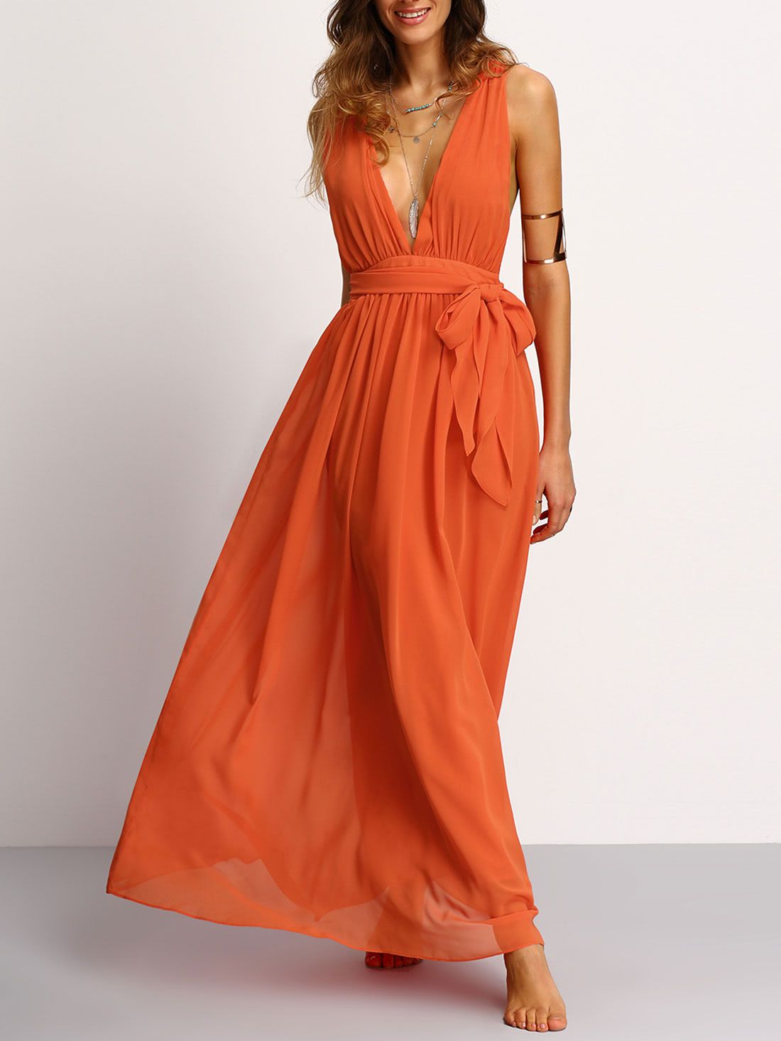 Orange Deep V Neck Self-tie Waist Maxi Dress | SHEIN