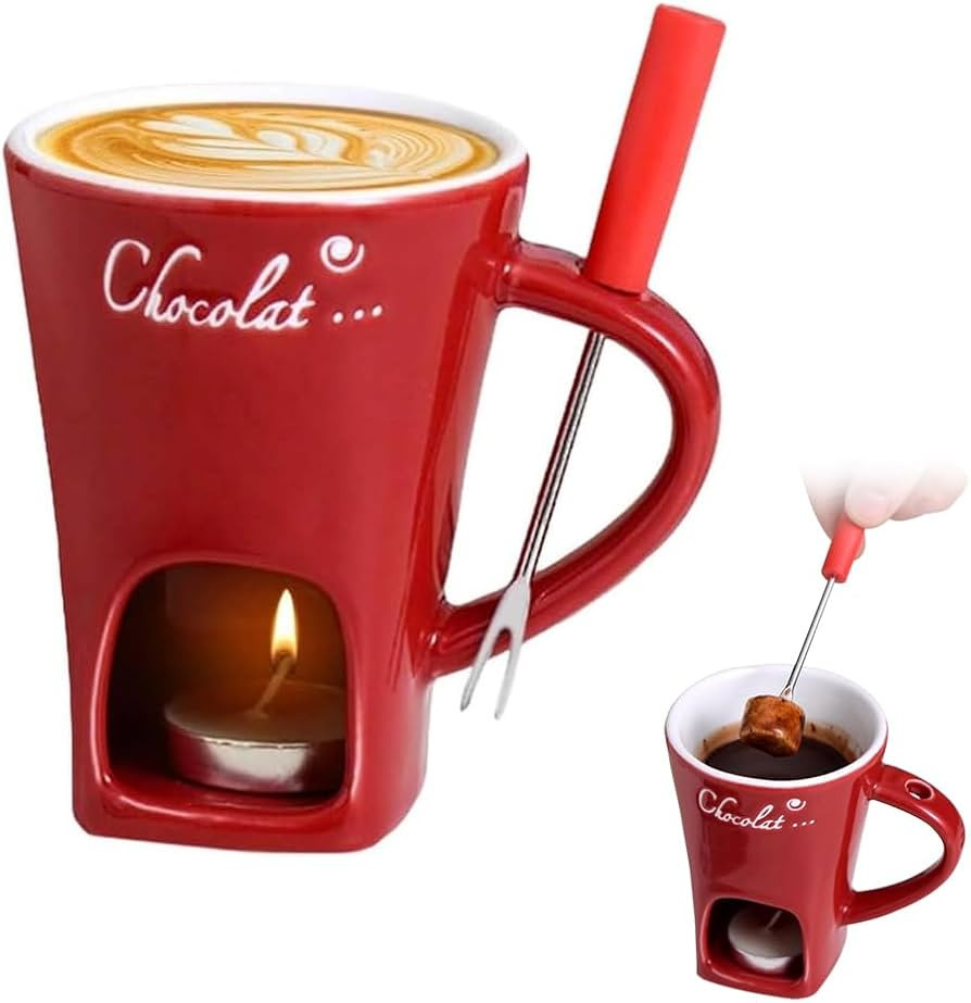 Schokofondue Tasse, Keramik Schokoladenfondue Tasse mit Teelicht und Gabeln, 130ml Becher zum Sch... | Amazon (DE)