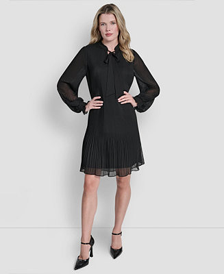 Women's Chiffon Pleated Tie Collar Shift Dress | Macy's
