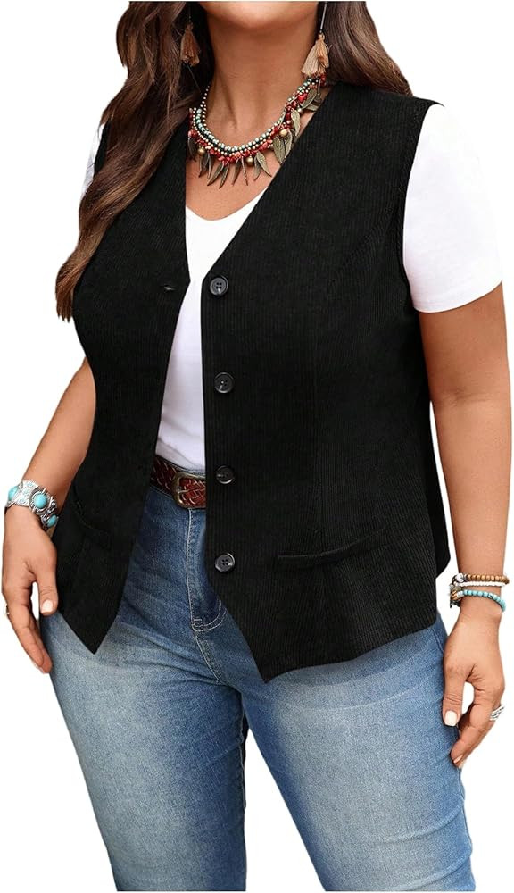 GORGLITTER Women's Plus Size Sleeveless Western Cowgirl Rodeo Outfit Fall Button Up Vest Tops Pea... | Amazon (US)