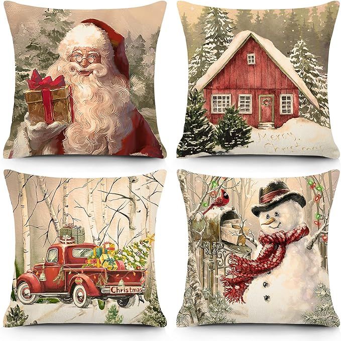 HOLICOLOR Christmas Pillow Covers 18x18 Inch Set of 4 Vintage Christmas Decorations Farmhouse Win... | Amazon (US)