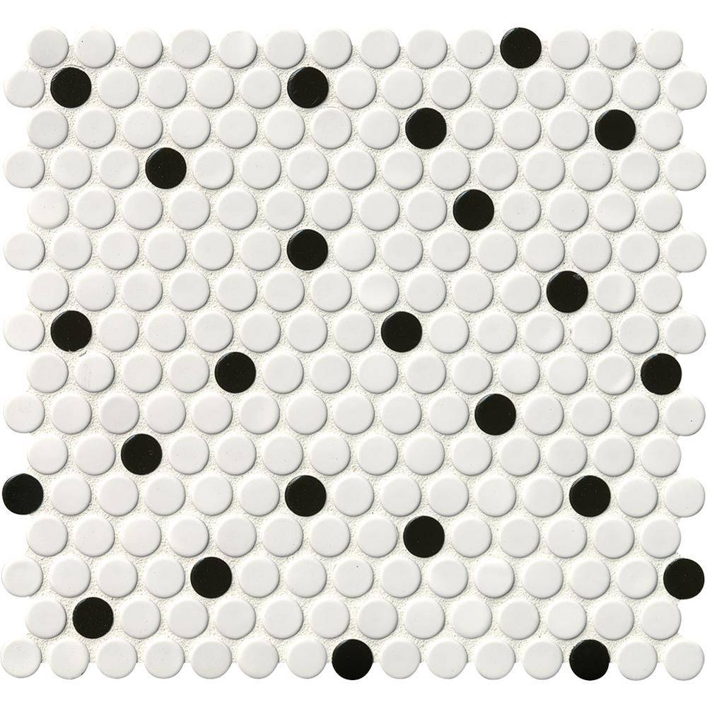 White and Black Glossy Penny Round 12 in. x 12 in. x 6mm Porcelain Mesh-Mounted Mosaic Tile (20 s... | The Home Depot