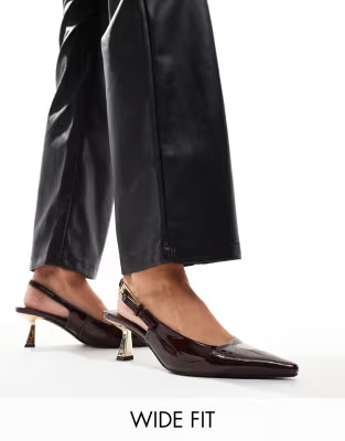 Simmi London June Wide Fit pointed slingback  kitten heels in brown patent | ASOS (Global)