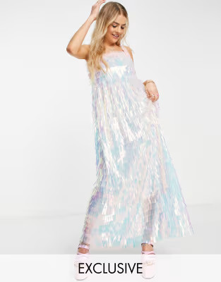 Labelrail x Rachel Burke – Schillerndes Midaxi-Kleid mit Camisole-Trägern, Fransen und Paillet... | ASOS (Global)