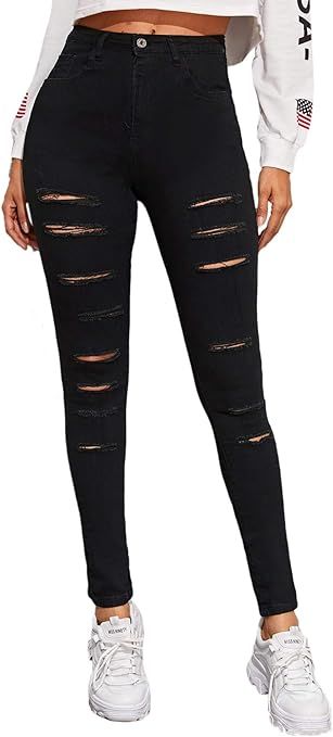 SweatyRocks Women's Hight Waisted Stretch Ripped Skinny Jeans Distressed Denim Pants | Amazon (US)